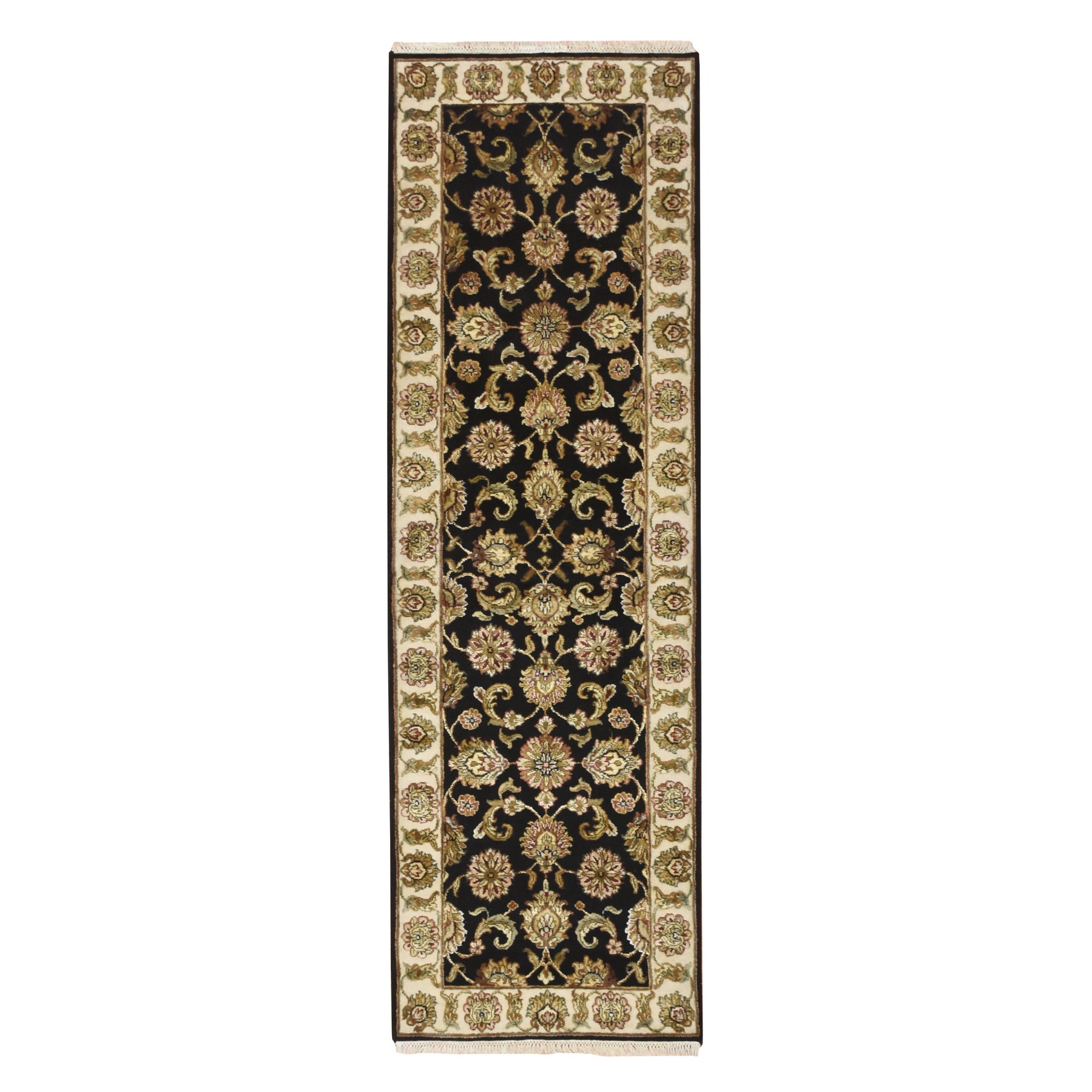 Ink Black, Hand Knotted, Rajasthan with All Over Leaf Design, Wool and Silk, Densely Woven, Thick and Plush, Runner, Oriental Rug